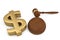 Golden dollar sign and auction hammer on white background. 3D il