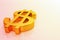 Golden dollar Sign lies on a bright glossy surface in orange tones. Golden dollar symbol with copy space. 3d rendering,