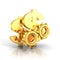 Golden dollar symbols and cogwheel gears on white background