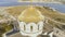 Golden domes of the Orthodox Vladimir Cathedral in Chersonesos, on the background of blue sea. Shot. The largest temple