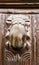 Golden doorknocker with hand shape on old wooden door