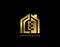 Golden E Letter Logo. Minimalist gold house shape with negative E letter, Real Estate Building Icon Design