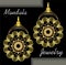 Golden earrings in mandala style, luxurious jewelry in oriental mandala design, filigree jewel 3d
