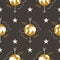 Golden Earth, airplane, stars and cosmic elements, seamless pattern