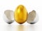 Golden egg inside regular white egg shell. 3D illustration