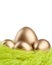 Golden eggs are in the nest of green sisal material