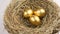 Golden eggs in a straw nest spinning to the right. Easter and financial success concept