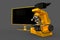 Golden electronic microscope, cpu block and empty screen isolated, photorealistic medical 3d illustration with fictive design,