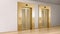 Golden elevator with glass doors in hallway