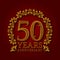 Golden emblem of fiftieth years anniversary. Celebration patterned logotype with shadow on red
