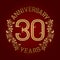 Golden emblem of thirtieth anniversary. Celebration patterned sign on red