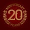 Golden emblem of twentieth anniversary. Celebration patterned sign on red