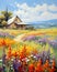 Golden Era Nostalgia: Vibrant Wildflower Meadow & Rustic Farmhouse
