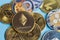 Golden Ethereum ETH group included with Cryptocurrency coin Dogecoin DOGE, bitcoin BTC, Binance Coin, Zcash TRON symbol Virtual