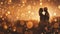 Golden Euphoria: Silhouetted Couple Sharing a Tender Kiss Amidst Radiant Bokeh