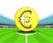 Golden Euro coin in the midfield of football stadium vector