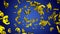 Golden Euro money symbols raining towards camera on blue background - wealth, success or treasure concept