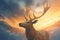 Golden fabled stag on fiery sky background. Generate ai