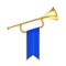 Golden Fanfare Trumpet with Blue Flag. 3d Rendering