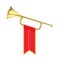 Golden Fanfare Trumpet with Red Flag. 3d Rendering