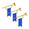 Golden Fanfare Trumpets with Blue Flags. 3d Rendering
