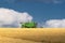 The golden field of ripe wheat under a blue sky with large white fluffy clouds. A green farm harvester reaps a ripened harvest