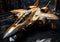 Golden fighter jet. Futuristic digital art. AI generated