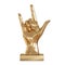 A golden figurine of a hand with three raised fingers on a white background. Front view. 3d rendering