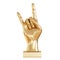 A golden figurine of a hand with two raised fingers on a white background. Front view. 3d rendering