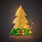 Golden fir-tree with Christmas decorative fir branches and holly