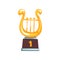 Golden first place trophy with lyre on brown base. Academic award icon in flat design. Vector illustration