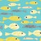 Golden fish with big black eyes seamless pattern. Vector illustration on blue background