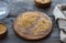 Golden flax seeds on wooden table. trash removal process