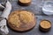 Golden flax seeds on wooden table. trash removal process