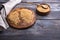 Golden flax seeds on wooden table. trash removal process. healthy vegan superfood