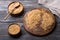 Golden flax seeds on wooden table. trash removal process. healthy vegan superfood