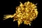 Golden flowers bouquet black background isolated close up, gold flower bunch, shiny yellow metal leaves branch, floral pattern