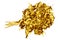 Golden flowers bouquet white background isolated close up, gold flower bunch, shiny yellow metal leaves branch, floral pattern