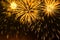 Golden flowers of fiery fireworks on a black night sky.