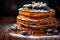Golden Fluffy Pancakes with Blueberries and Honey on Rustic Plate