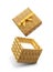 Golden flying open gift box with yellow satin bow