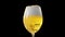 Golden foamy beer is poured slowly to the glass, beer glass in dark background, bubbles in beer, light beer