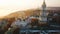 Golden foggy morning in Kiev Ukraine. Kiev Pechersk Lavra. Aerial drone video footage.