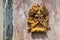 Golden fountain face of Neptune on marble wall