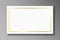 Golden frame on white plate isolated on transparent background with shadow. Gold border with glow shine on white rectangle. Vector