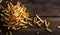 Golden French Fries Piled on Rustic Wooden Table, Copy Space