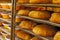 Golden fresh baked bread in bakery