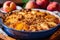 a golden, freshly baked peach crumble in a dish