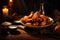 Golden fried chicken wings served in a homely setting with warm candlelight. Comfort food concept