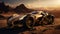 Golden futuristic sports racing car races across land of an alien planet. Futuristic concept of technologies of other